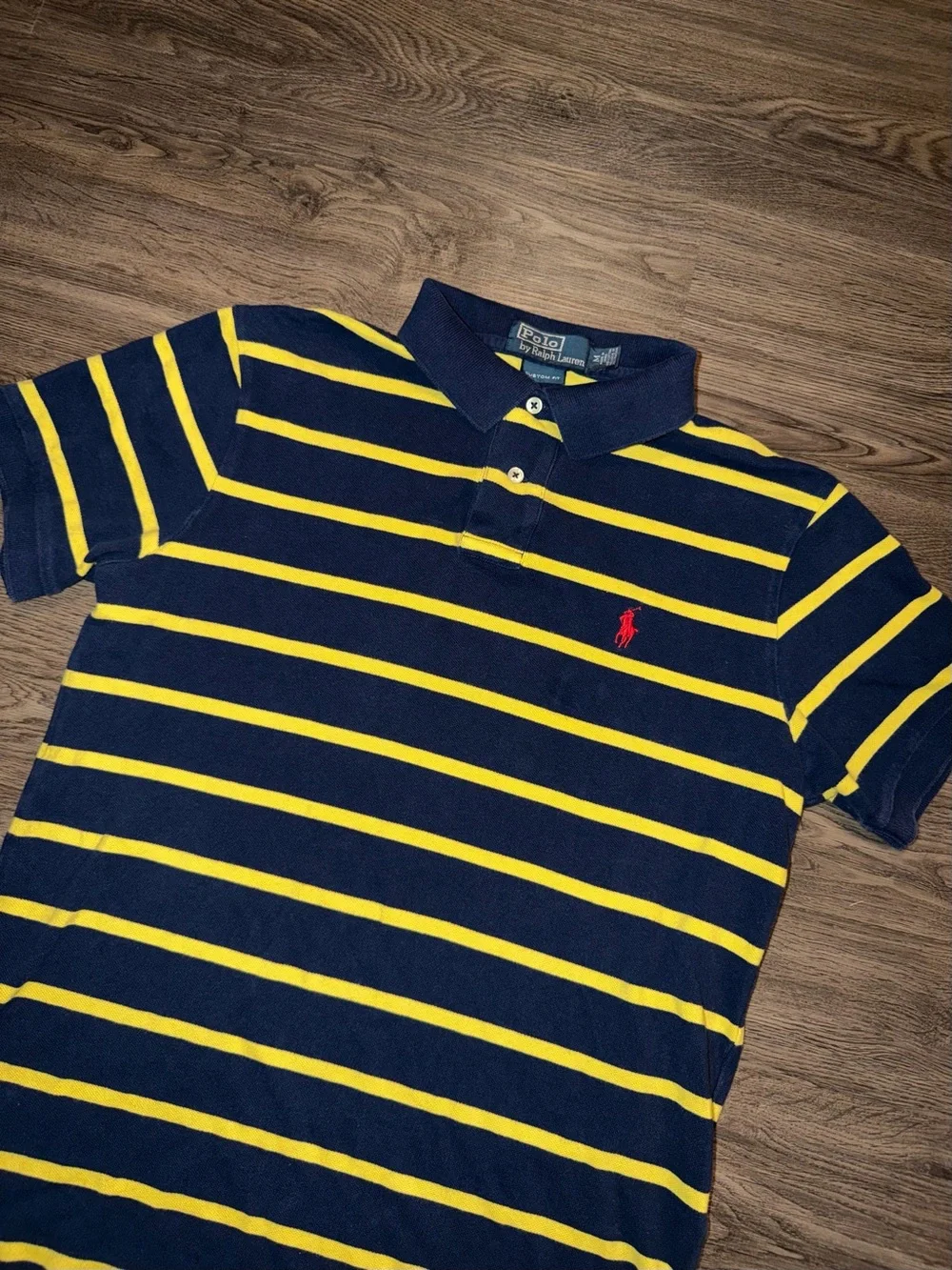 Polo Ralph Lauren Men's Medium Blue Stripe Yellow Polo Short Sleeve Custom Fit